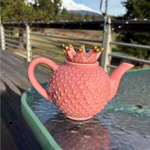 Blue Sky Pink Ceramic Teapot with Gold Crown